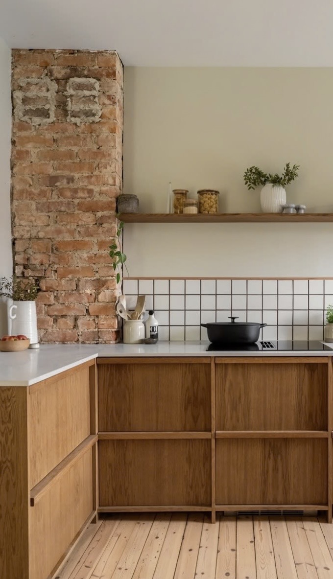 Høyskap i furu og innredning under benk i sort Valchromat.